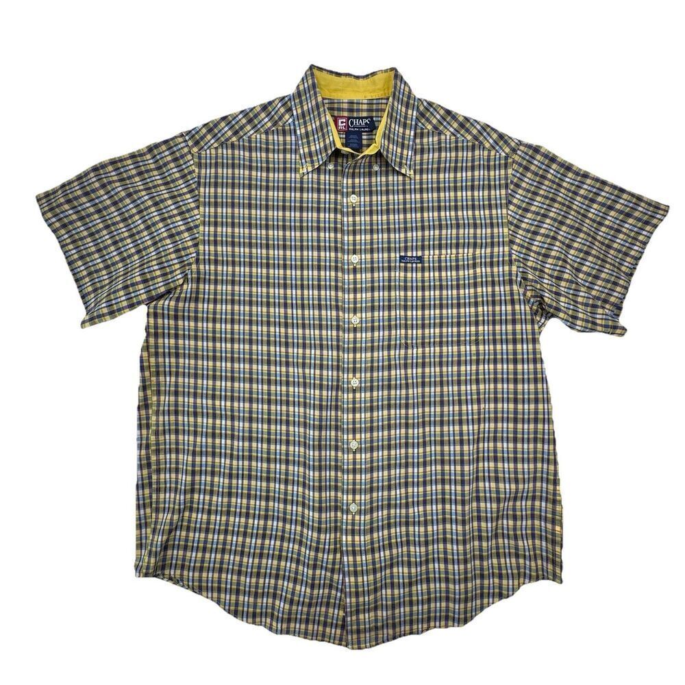 Chaps Plaid Button Down Shirt Mens Large Yellow Blue Short Sleeve Ralph Lauren